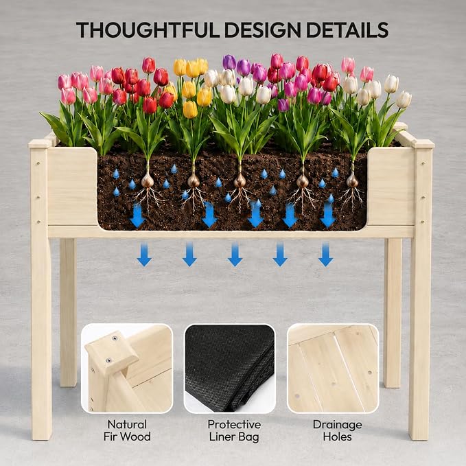 VINGLI 48.5"x22.5"x30" Elevated Raised Garden Bed with Bed Liner, Heavy Duty Wood Planter with Legs for Vegetables Fruits Potato Flower, Outdoor Sturdy Long Lasting Planter Box (Nature - no Wheel)