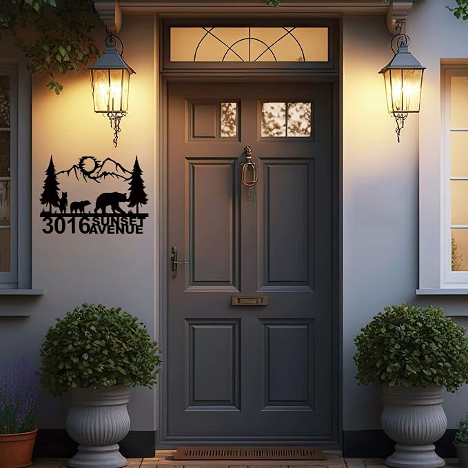 Metal Address Plaque,House Street Name and Numbers, Driveway Address Plaque with 3 Forest-Exploring Bears,Metal Address Sign for Front Door Porch Garden Patio Farm Gate