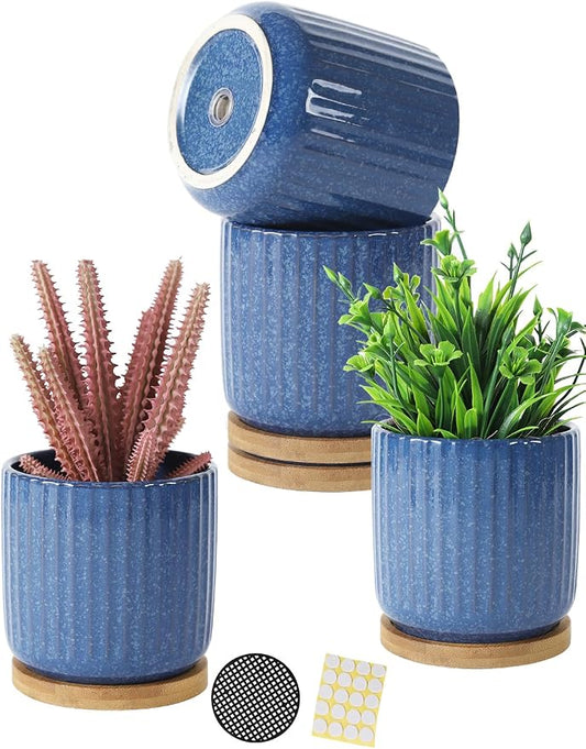 4 Inch Cylinder Ceramic Plant Pots, Blue, Set of 4 | Drainage Holes & Saucers, Glazed, Small Boho Planters, With Trays, For Indoor Flower, Snake Plants, Succulent, Cactus