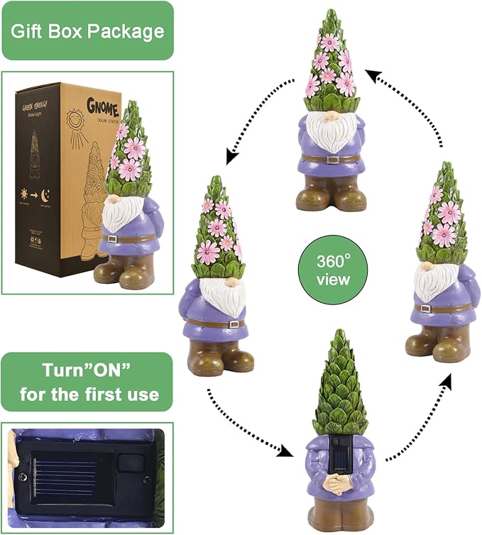 Solar Garden Outdoor Statues Gnome with Succulent | 7 LED Lights, Lawn Decor Statue for Patio, Balcony, Yard Ornament, Gifts for Mom Grandma Women