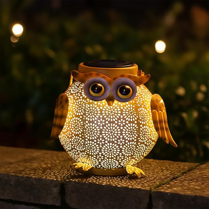 Solar Owl Lights Outdoor Waterproof - Hanging Solar Lanterns for Garden, Patio, Yard, Pathway - Vintage Metal Owl Solar Garden Lights, Outdoor Hanging Solar Lights for Outside Decor (1 Pack, Yellow)