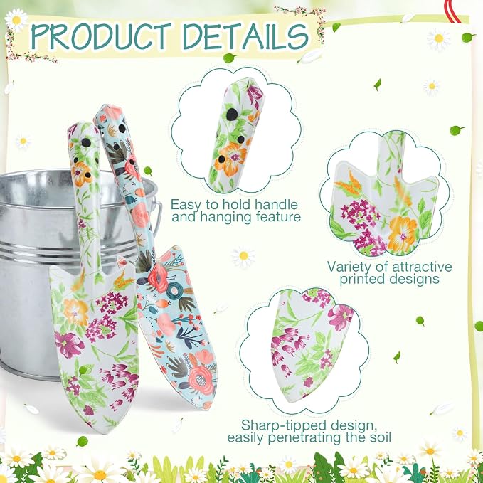 48 Pcs Floral Garden Shovels Bulk Gardening Gift for Women Heavy Duty Metal Garden Tools Floral Hand Shovel Planting for Summer Employees Birthday Thank You Gifts (Green Watercolor Flowers)