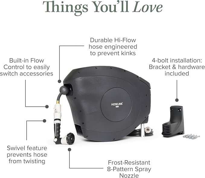 HOSELINK Classic Charcoal 82ft Hi-Flow Automatic Retractable Hi-Flow Garden Hose Reel, 9/16”, UV-Stabilized Kink-Free Hose, Wall Mounted Complete Watering Solution for Backyard, Garden & Outdoor