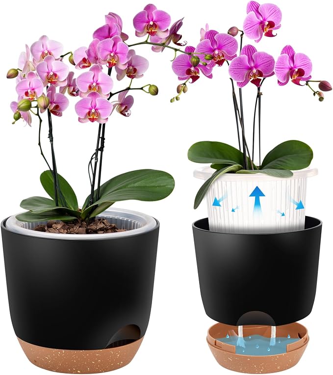 3Packs Self Watering Orchid Pots for Indoor Plants,5.8 Inch Macetas para Orqudeas,Flower Pots for Indoor Plants with Holes(Black)