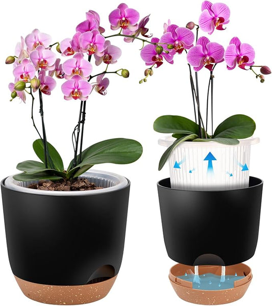 3Packs Self Watering Orchid Pots for Indoor Plants,5.8 Inch Macetas para Orqudeas,Flower Pots for Indoor Plants with Holes(Black)