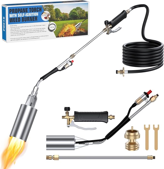 Propane Weed Torch Burner with 11.5FT Hose, Self-Igniting Heavy Duty Flame Weeder with Turbo Trigger, Adjustable Outdoor Torch for Driveway, Garden, Yard, Ice and Snow (Black)