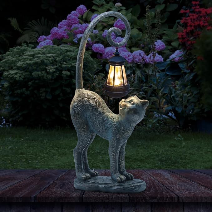 Halloween Decorations Gifts Outdoor Cat Garden Statues with Solar Lights, Home Decor Cat Figurines for Lawn,Patio,Balcony,Porch,Yard Art Ornament- Birthday Gifts for Women Grandma Sister
