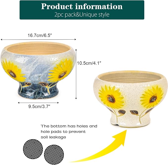 Sungmor Small Succulent Planters Set of 2, Beautiful Hand Crafted Ceramic Plant Pots Cute Cactus Pot, 6.5 Inch Flower Pots for Indoor Plants with Drainage, Desktop Windowsill Home Office Decor Pots