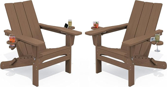 SERWALL Modern Adirondack Chair Set of 2, Folding Adirondack Chair with Cup Holders, Outdoor HDPE Fire Pit Chairs for All Weather Use, Brown