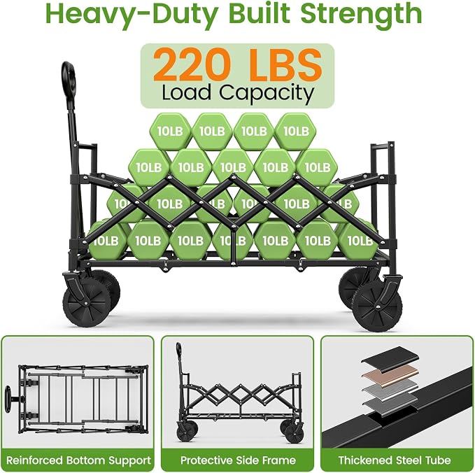Blomoba 35'' Extra Long Collapsible Wagon with Adjustable Handle, Lightweight Folding Wagon with 360° Swivel Wheels, 220 LBS Portable Utility Cart for Garden, Sports, Grocery, Shopping, Camping, Black
