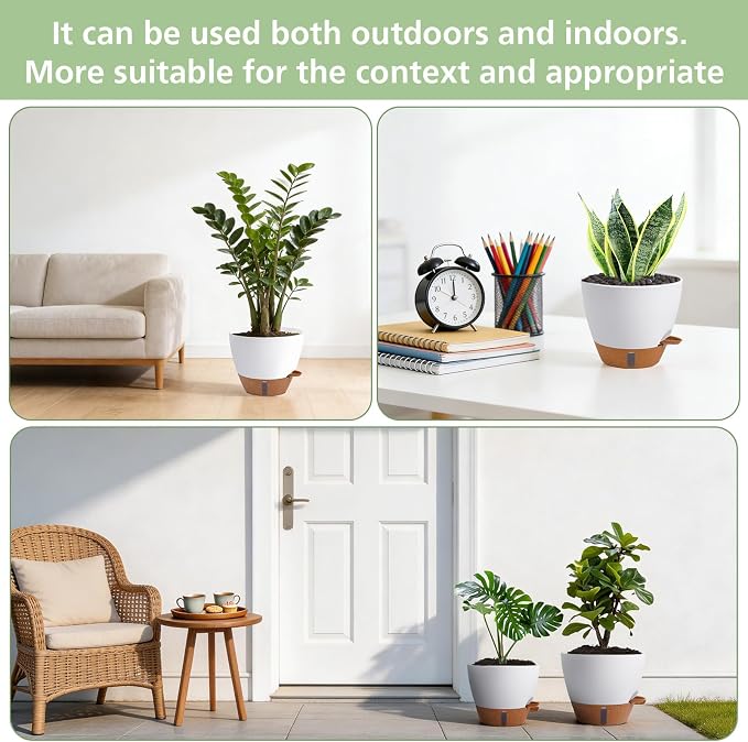 Self Watering Pots with Water Level Indicator, 12" 10" 9" 8" Large Plastic Flower Pots with Mesh Drainage Hole and Removable Saucer Reservoir for Indoor Outdoor Plants (White)