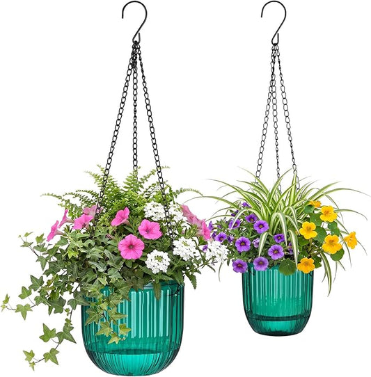 Maxcheck 2 Pcs Self Watering Hanging Planters Indoor Gift 6.5'' 4.5'' Hanging Flower Pots Baskets Outdoor Emerald Self Watering Plant with 2 Hooks Drainage Holes for Home