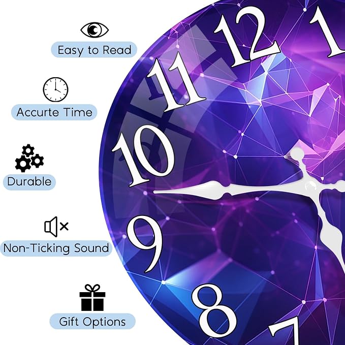 Britimes Round Purple Wall Clock Silent Non-Ticking Battery Operated Glass Decorative Outdoor Waterproof Clock 12 Inch, Galaxy Home Decor for Living Room, Kitchen, Bathroom and Bedroom