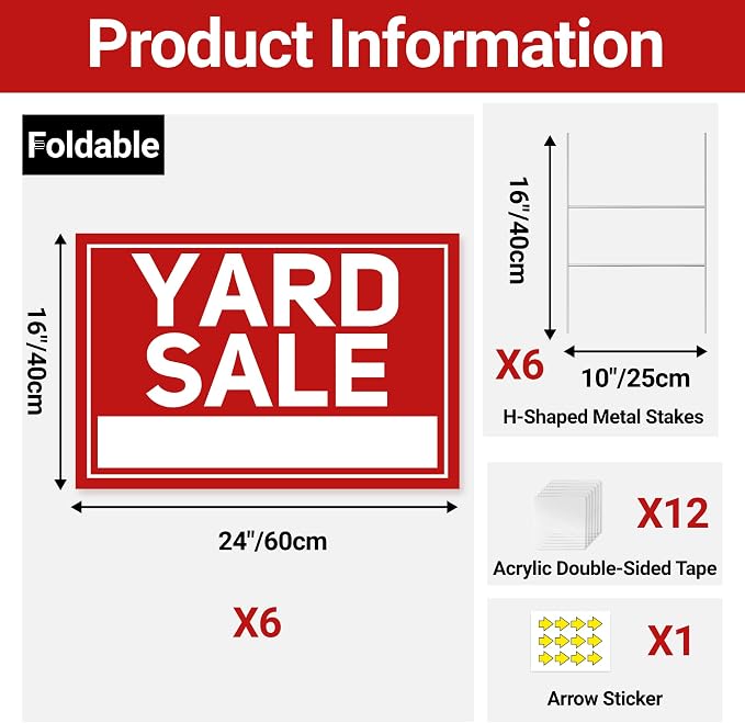 6 Pcs Yard Sale Signs with Stakes, Extra-Large Foldable Yard Sale Sign 24" x 16", Double-Sided Waterproof Business Signage for Yard Sale Kit and Supplies