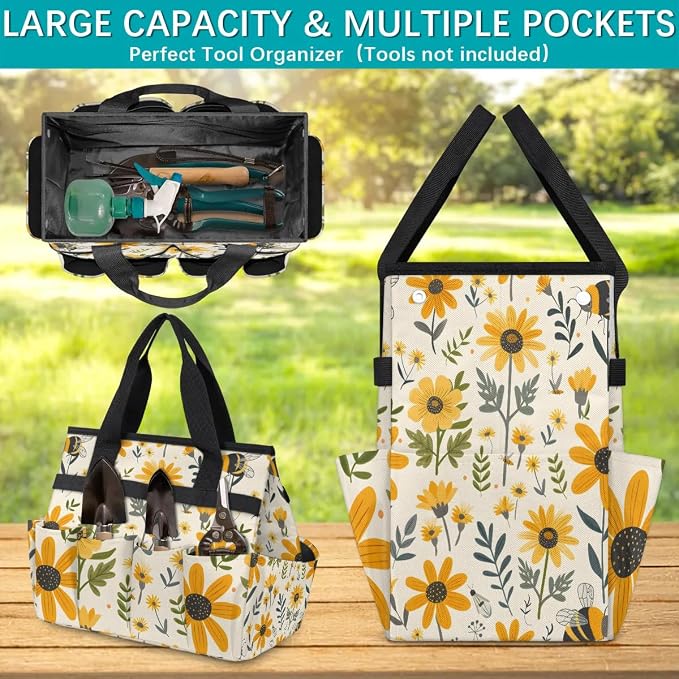 Bee Flower Garden Tool Bag for Women Waterproof & Reusable Heavy Duty Gardening Tote Storage Organizer Toiletry Bag with 10 Pockets for Garden Lawn Yard Casual Camp