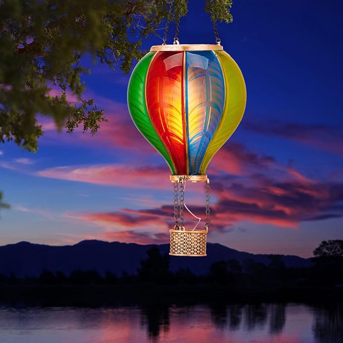 TERESA'S COLLECTIONS Hot Air Balloon Solar Lantern for Garden Decor ,Flickering Flame Hanging Solar Light for Outdoor ,Colorful Plastic Lamp for Yard Tree Gift for Mom