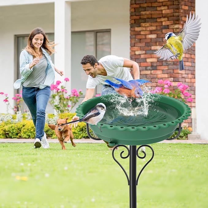 40In Bird Bath for Outside,Freestanding Birdbath & Birdfeeder with Metal Stake,Vintage Birdbaths Water Bowl with 5 Prongs Base for Outdoor Garden Yard Decor (Green)