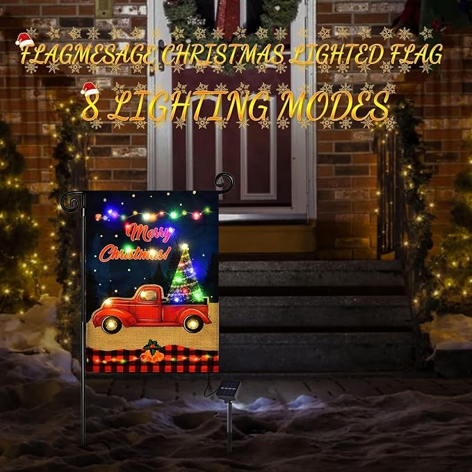 Merry Christmas Lighted Garden Flag, LED Red Truck Flag, Vertical Christmas Flag for Outdoor Yard Garden Lawn Decoration