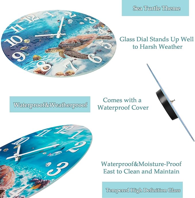 Yoiolclc Outdoor Clocks Waterproof Outdoor Coastal Beach Ocean Wall Clocks for Patio Pool Garden Home Decor(14 Inch,Blue,Sea Turtle)