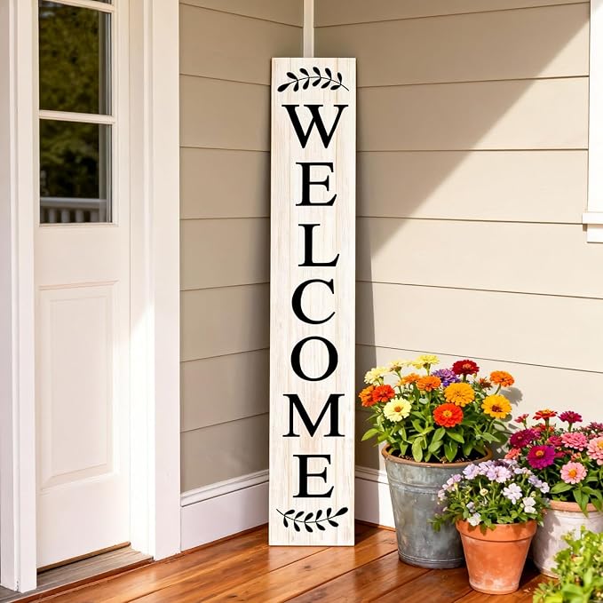 Farmhouse Wooden Welcome Sign Stand for Front Door, 47" Large Welcome Sign for Front Porch, Rustic Vertical Tall Porch Leaner Decor for Outdoor Patio Garden