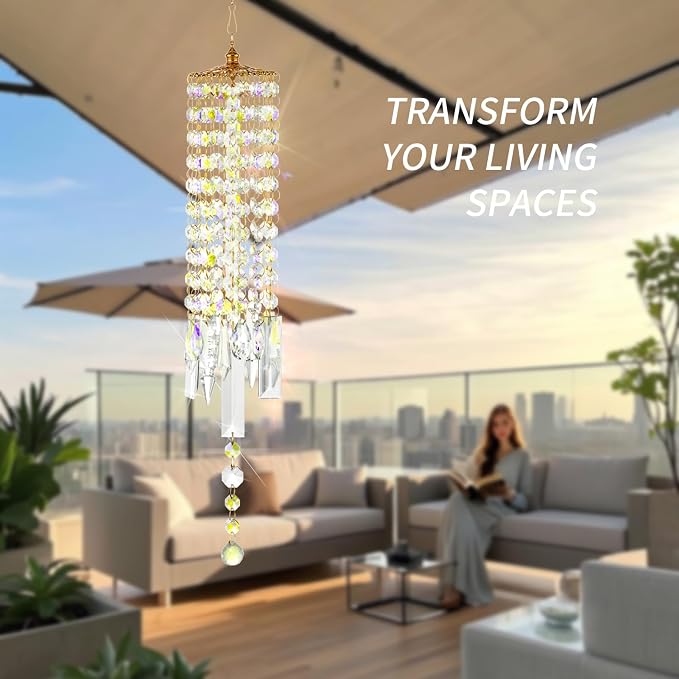 Crystal Wind Chimes Rainbow Suncatcher for Window, Garden, Patio | K9 Crystal Suncatcher, 22 Inches, Creates Rainbows Indoors/Outdoors, Ideal For Gifting, Rose Gold Hooks, Porch/Balcony