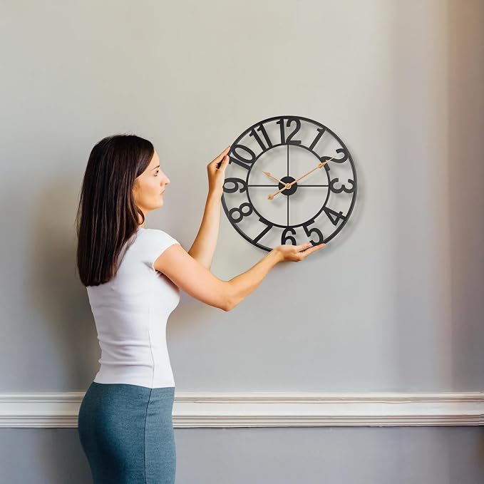 Outdoor Clock, 24 Inch Large Wall Clocks Battery Operated Silent Non-Ticking, Industrial Modern Farmhouse Metal Arabic Numerals Wall Clocks for Living Room, Kitchen, Patio, Pool Decor - Black