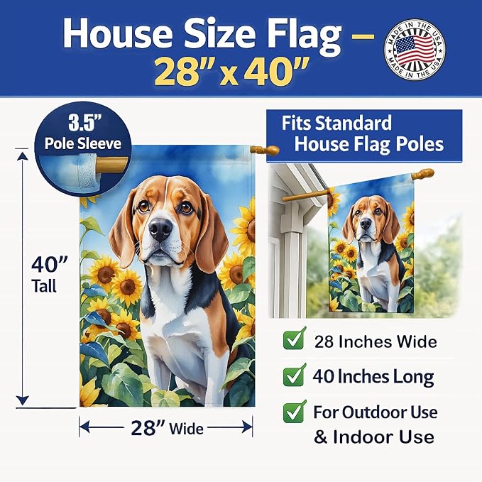 Caroline's Treasures DAC6019CHF Beagle in Sunflowers House Flag Large Porch Sleeve Pole Decorative Outside Yard Banner Artwork Wall Hanging, Polyester, House Size, Multicolor