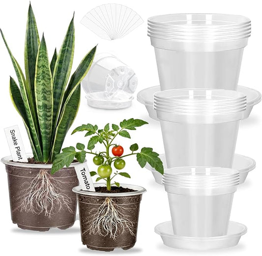 6/8/10 Inch Clear Nursery Pots with Saucers and 15 Pack Plant Labels,Transparent Plastic Plant Pots with Drainage Holes,Sturdy Seed Starter Pots for Succulents,Herbs,Flowers,Indoor Outdoor Plants