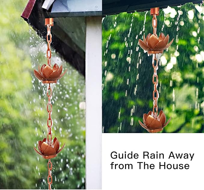 Rifachua 8.5ft Rain Chain for Gutters Downspouts Outside, Copper Plated Lotus Rain Chain Cups, Functional and Decorative Replacement for Gutter Downspouts