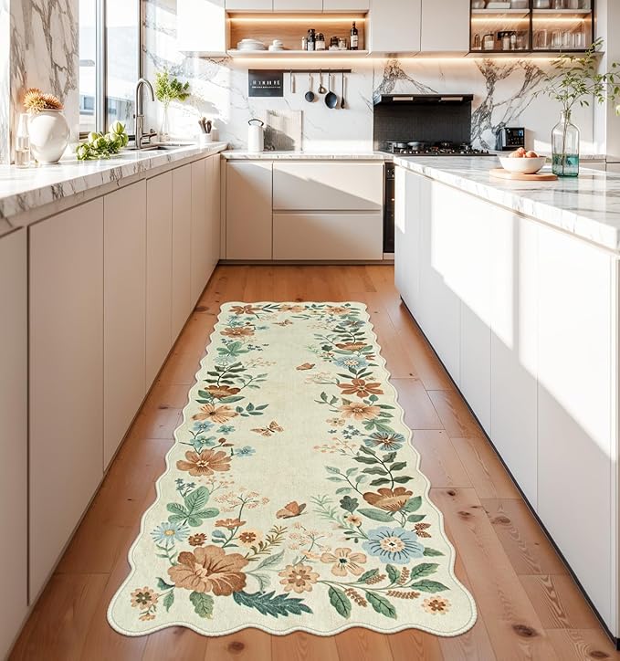 Lahome Floral Kitchen Runner Rug, 2X6 Rug Runners for Hallways Non Slip | Ultra-Thin Soft Non Slip Washable Runner Low-Pile Stain Resistant Boho Carpet for Bedroom Flore (2x6ft, Beige)