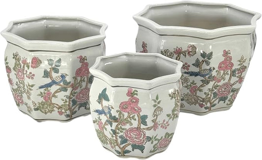 Galt International Multi Color Peony Round Fluted Floral Porcelain Ceramic Plant Flower Planter Pot Set of 3 (7.5", 10", 13") Garden Pots Chinese Asian Design Pink Blue Green