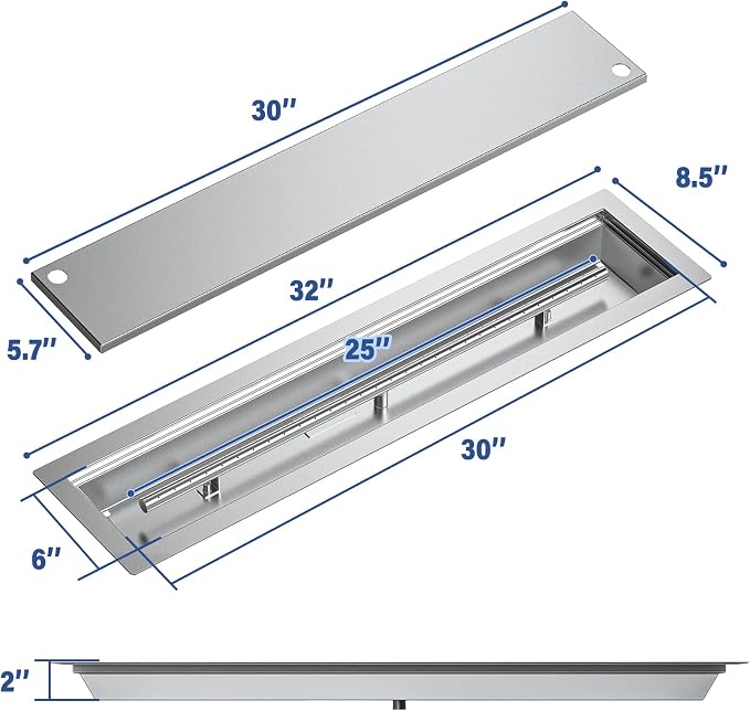Skyflame Linear Stainless Steel Drop-in Fire Pit Pan and Burner with Burner Cover, 30 by 6-Inch