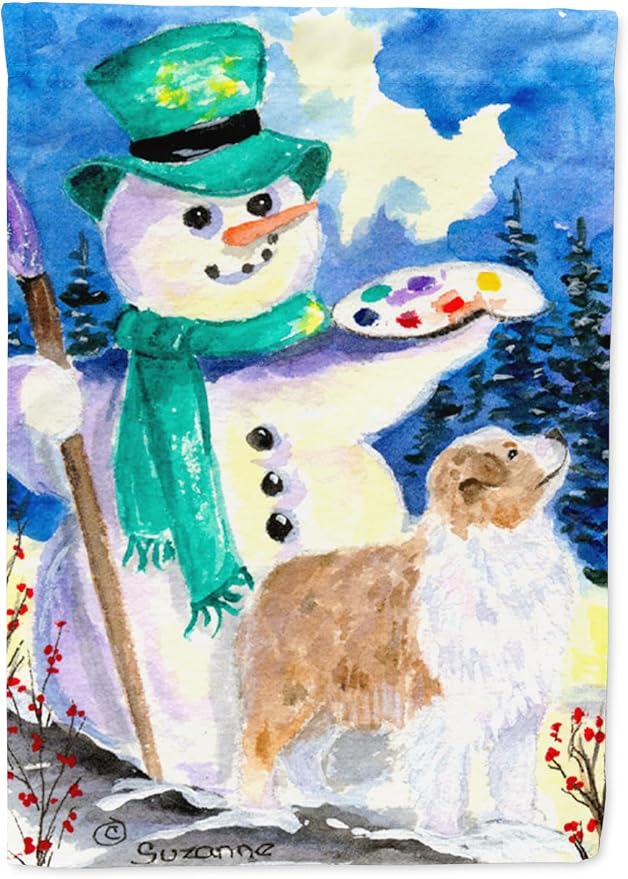 Caroline's Treasures SS8996GF Snowman with Australian Shepherd Garden Flag Mailbox Flag Decorative Yard Flag Banner Outside Patio Artwork Yard Flower Beds, Garden Size, Multicolor