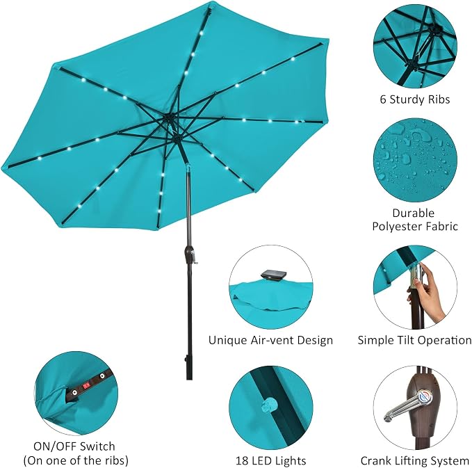 HAPPYGRILL 10FT Patio Umbrella with Lights Outdoor Solar Powered Sunbrella with Tilt Crank Umbrella for Garden Poolside Backyard Beach