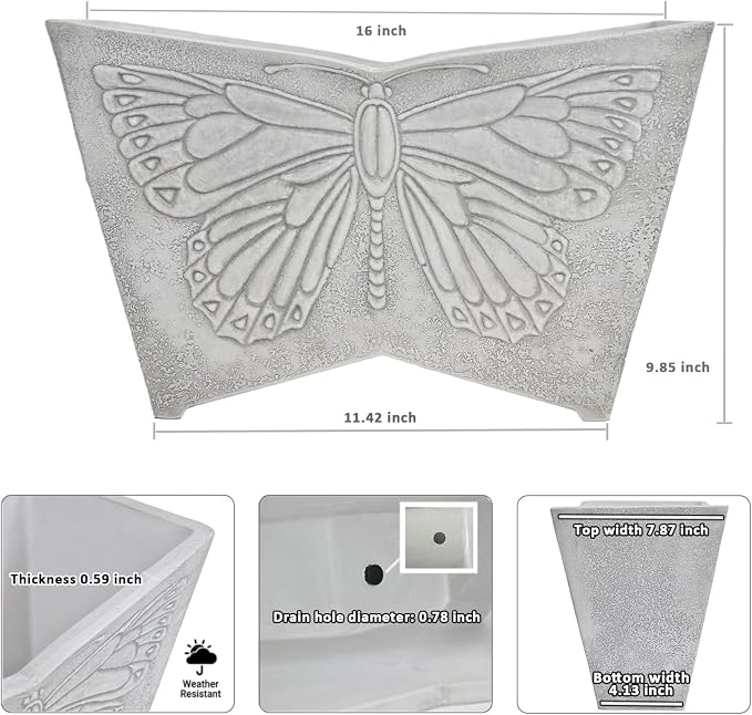 GreenShip 16 Inch Large Resin Flower Pots, Resin Planter Pot with Drainage Hole, Vintage Butterfly Embossed Decorative Garden Pot, Weather-Resistant for Porch, Patio, Indoor Use, Light Grey