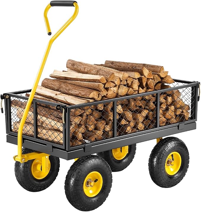 VEVOR Steel Garden Cart 500 lbs Heavy Duty Garden Wagon Cart on Wheels | Pullable Metal Yard Utility Wagon with 10" All Terrain Tires, Mesh Detachable Sides (Convert to Flatbed) 180° Rotating Handle