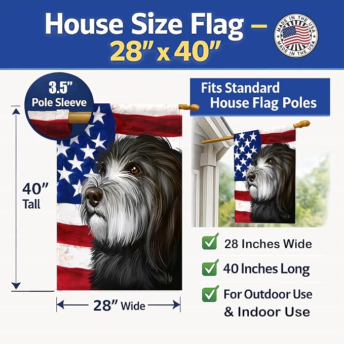Caroline's Treasures CK6480CHF Catalan Sheepdog Dog American Flag House Flag Large Porch Sleeve Pole Decorative Outside Yard Banner Artwork Wall Hanging, Polyester, House Size, Multicolor