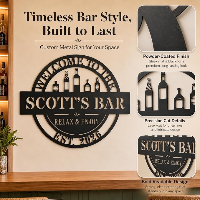 Personalized Custom Metal Bar Sign, Custom Name Pub Sign Wall Decor for Home Bar, Man Cave, Club, Party Room, Cocktail Lounge Decor