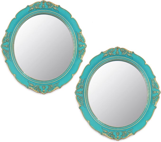 Eaoundm 13.1 x 14.8 inchs Decorative Wall Mirror, Oval (Blue 2 Pcs) | Vintage Hanging Mirrors for Bedroom Living-Room Dresser Decor