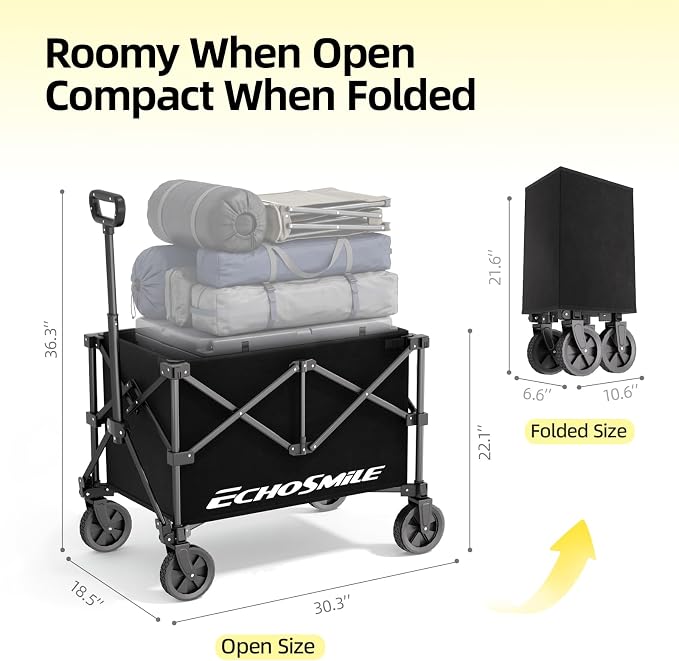 EchoSmile Lightweight Collapsible Wagon Cart, Compact Foldable Wagon for Grocery, Camping & Sports, Easy Fold Utility Wagon,Black