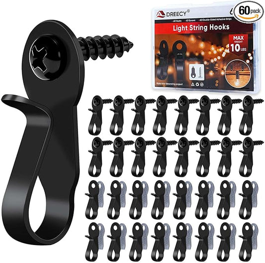 60 Pack String Lights Hooks, Stainless Steel Outdoor String Lights Hanger Clips with Screw & Adhesive Strips, Christmas Light Clips for Outside Holiday Decor, Fairy Led Lights Plants Wind Chimes Black