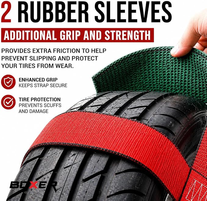 Boxer Pro Tow Dolly Basket Straps with Twisted Snap Hooks 2 Pack – Wheel Bonnet Tie Down System – 15”-19” Tires, 10,000lbs Breaking Strength with Rubber Sleeve Extra Security – Wheel Car Basket