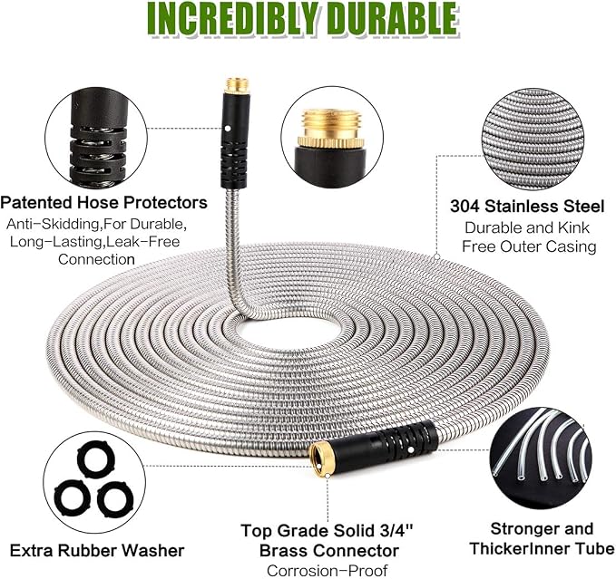 Flexible Metal Garden Hose 100ft-Heavy Duty Water Hose with Durable 304 Stainless Steel and 10 Way Spray Nozzle-Strong 3/4'' Solid Brass Fitting-Outdoor Yard No Kink Lightweight Long Hose Pipe