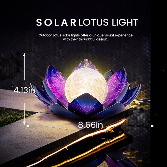 Huaxu Solar Lights Outdoor Decor, Purple Lotus Flower Light, Waterproof LED Crackle Globe Glass Lamp for Garden, Patio, Yard, Porch, Pathway, Ground, Tabletop Gifts for Mom,Women
