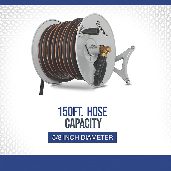 Strongway Wall-Mount Hose Reel, Holds 5/8 in. x 150 ft. Hose, 150 PSI, Parallel or Perpendicular Mount, Left or Right Hand, Brass Fittings, 6 ft. Rubber Lead-In Hose, Mounting Hardware Included