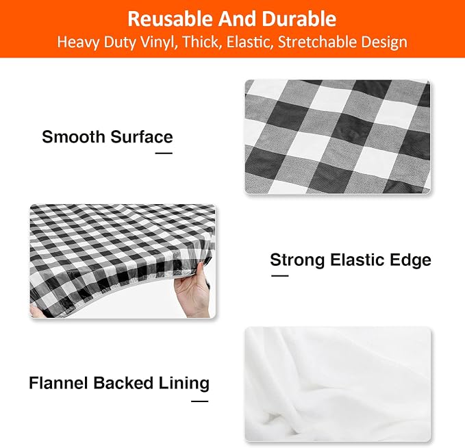 8.5ft Picnic Table and Bench Cover, Camping Essentials RV Gear, 102 in Waterproof Windproof Outdoor Elastic All Around Tablecloth, Fitted Rectangle Tables and Seats, Black-White Checkered