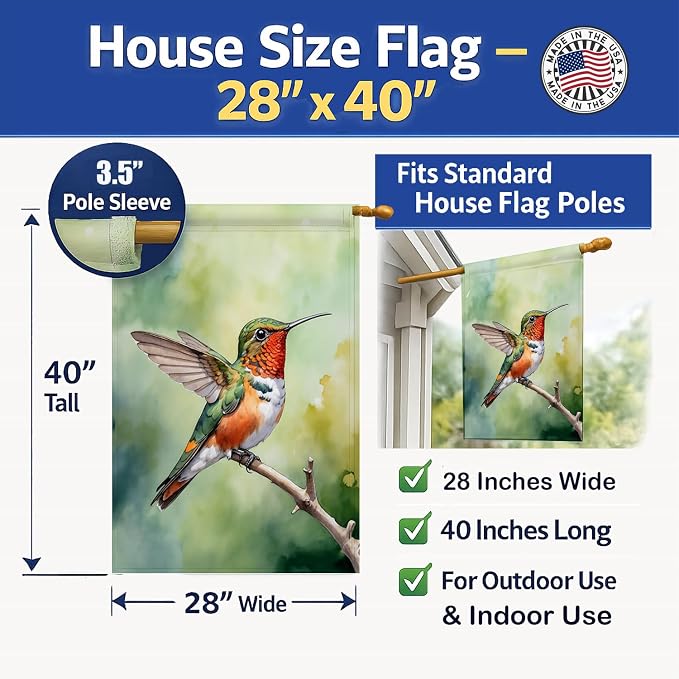 Caroline's Treasures Allens Hummingbird House Flag Large Porch Sleeve Pole Decorative Outside Yard Banner Artwork Wall Hanging, Polyester, House Size, Multicolor