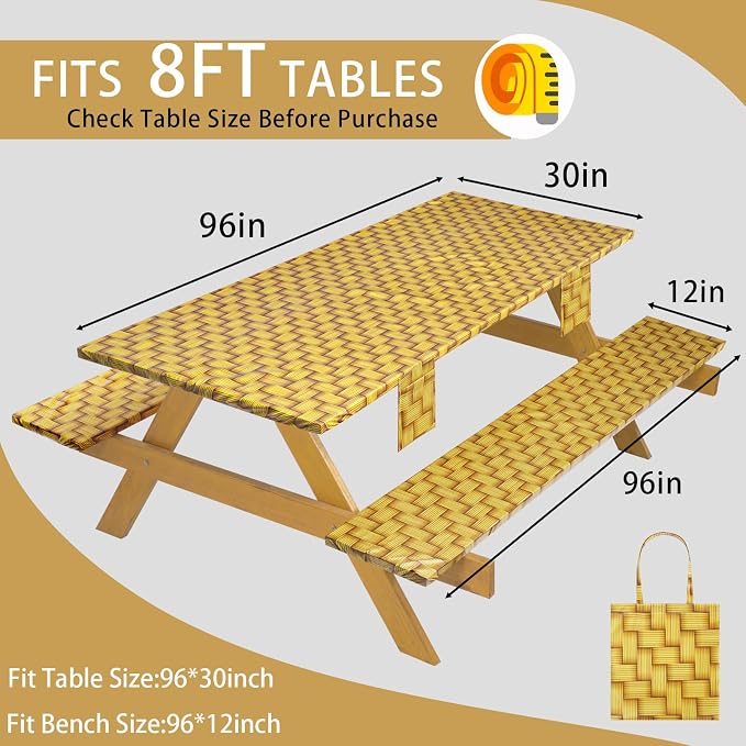 Fitted Picnic Table Cover with Chair Covers Elastic Water Resistant Camping Tablecloth for 8 Foot Rectangle Tables Garden Patio Outdoor Organization Road Trip Hiking Motorhome Essential Gift