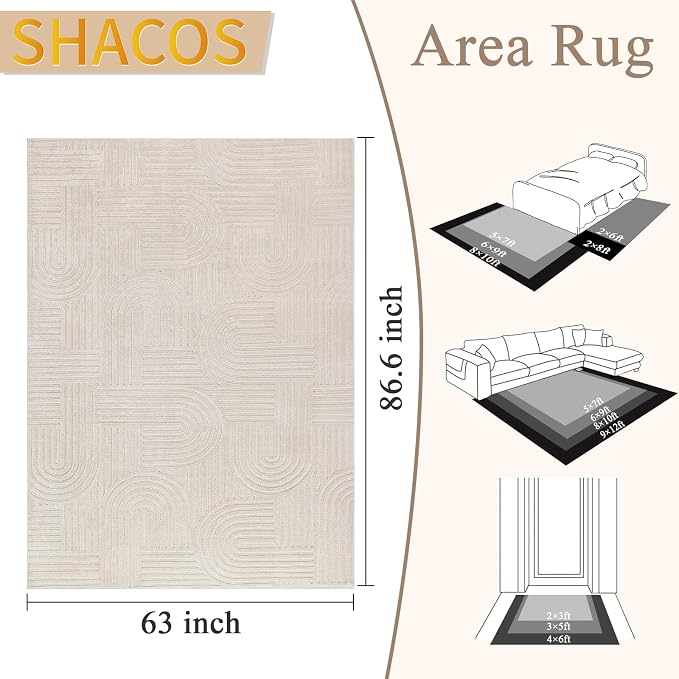 SHACOS Soft Cozy Fluffy Arch Pattern High-Low Pile Textured Area Rug 5'3"x7'3" Non Slip Washable Modern Geometric Rug Stain Resistant Contemporary Carpet for Living Room Bedroom Dining Room, Beige