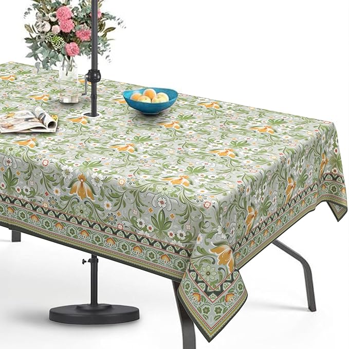 Green Outdoor Tablecloth with Umbrella Hole 60" x 120" Waterproof Zipper Table Cloth for Garden - Ideal Patio Table Cover for Picnics, Camping, and Yard Use